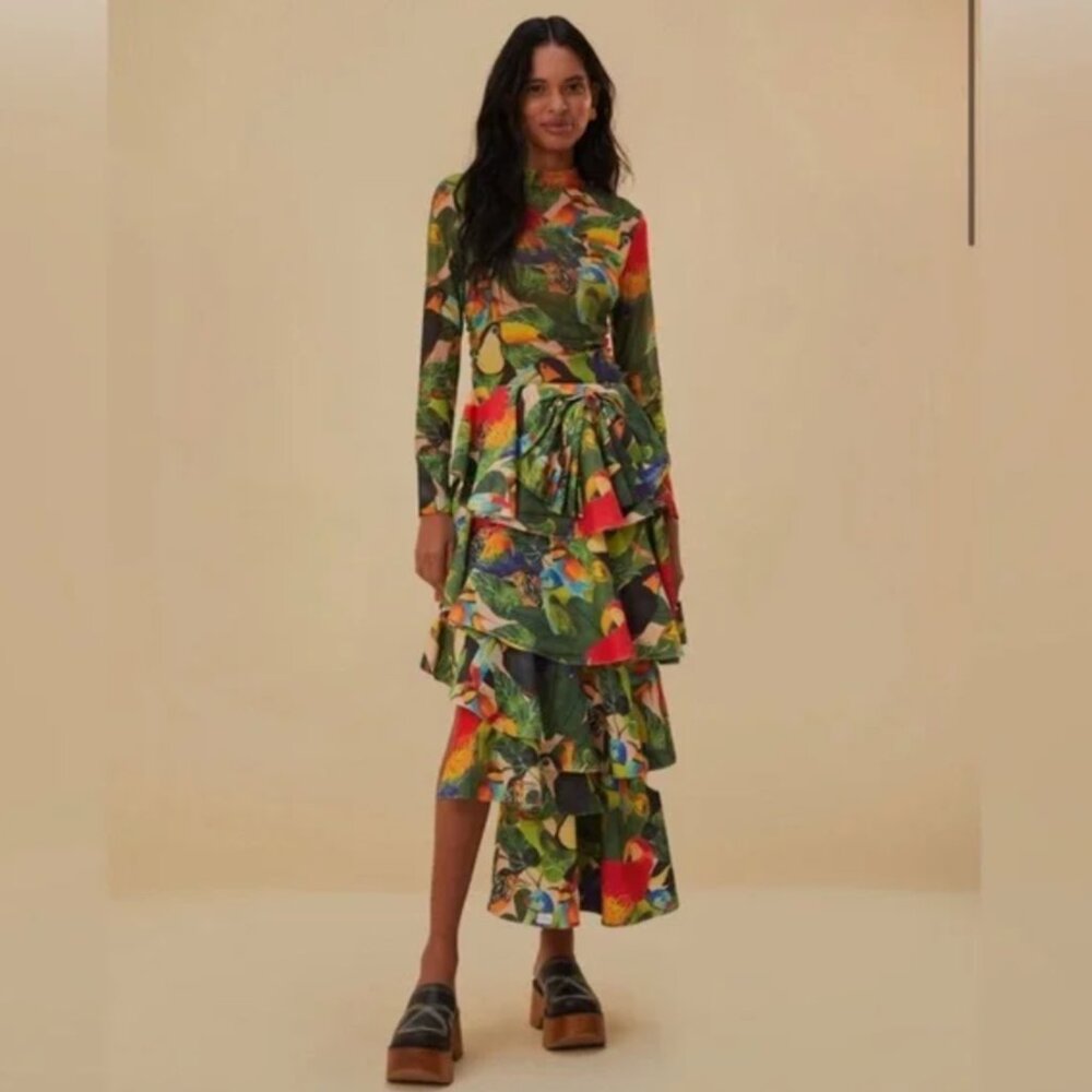Farm Rio Bird Leaves Sand Tiered Bow Detail Maxi Skirt